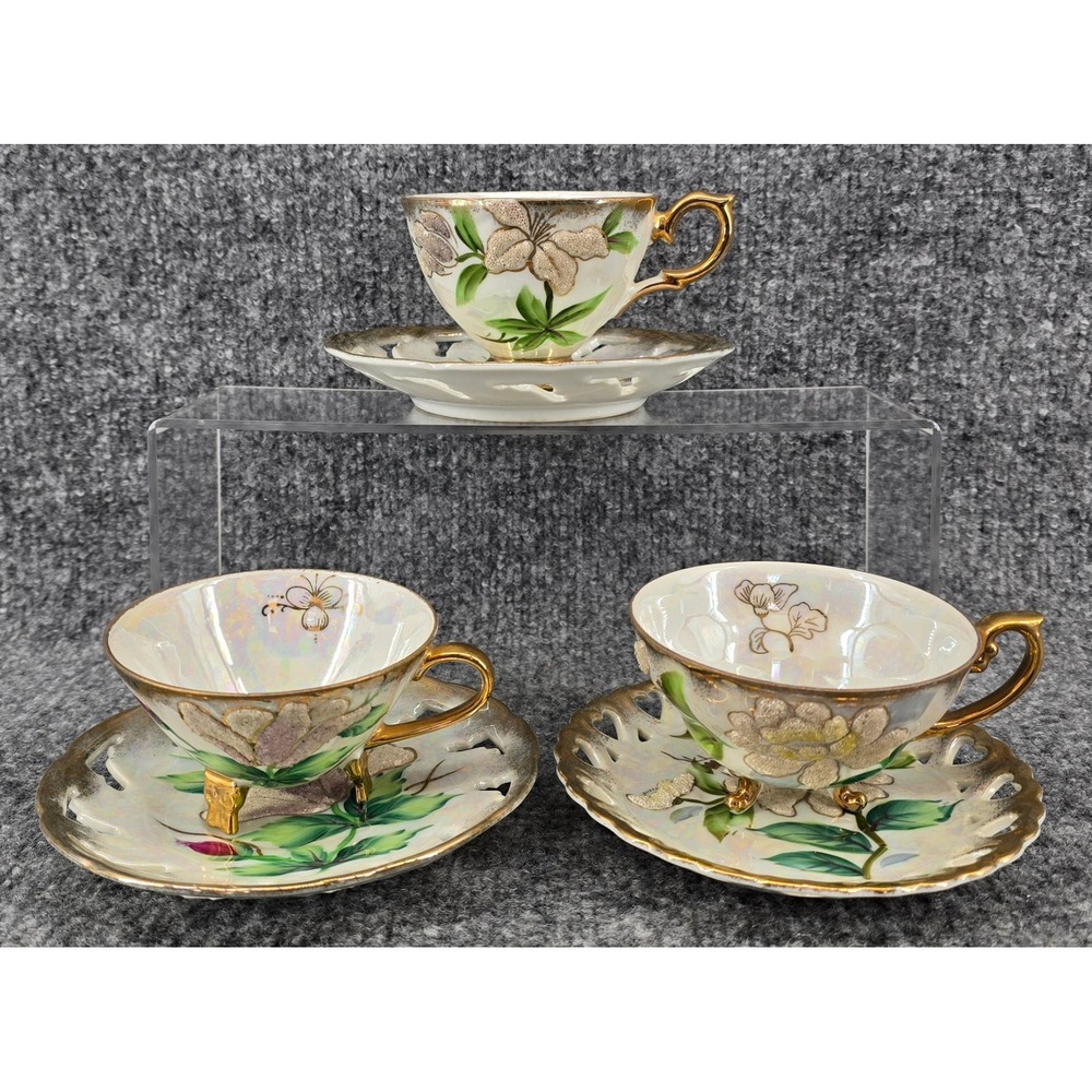 Sterling China Lusterware Tea Cup Saucer 3 Sets Iridescent Floral Gold Moriage
